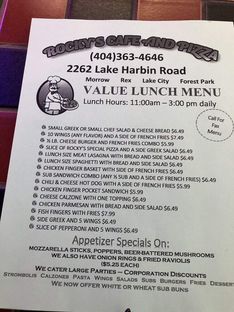 Rocky's Cafe & Pizza - Morrow, GA menu_pic
