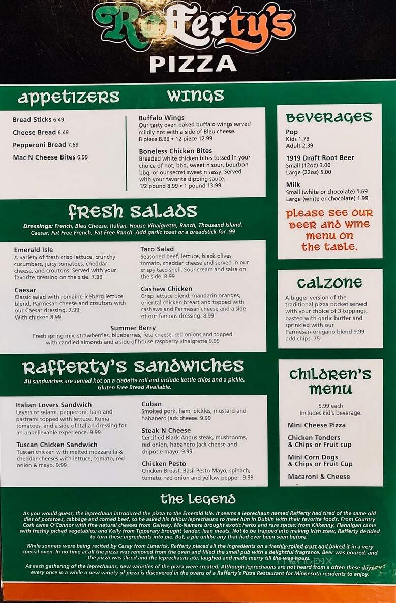 Rafferty's Pizza Of Crosslake - Crosslake, MN menu_pic
