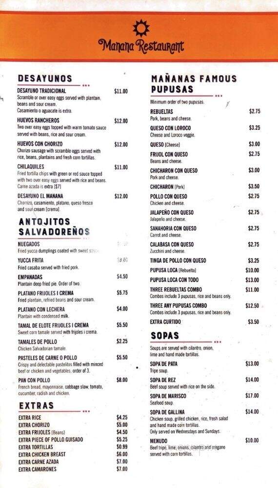 Manana Restaurant - Saint Paul, MN menu_pic