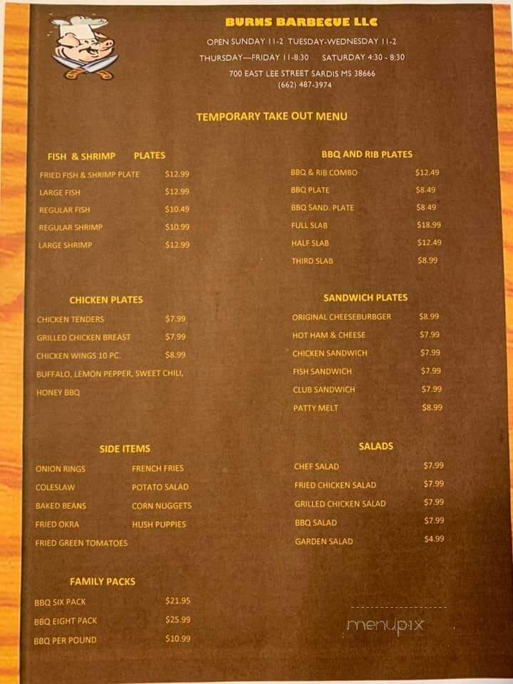 Burns Bar Bq - Batesville, MS menu_pic