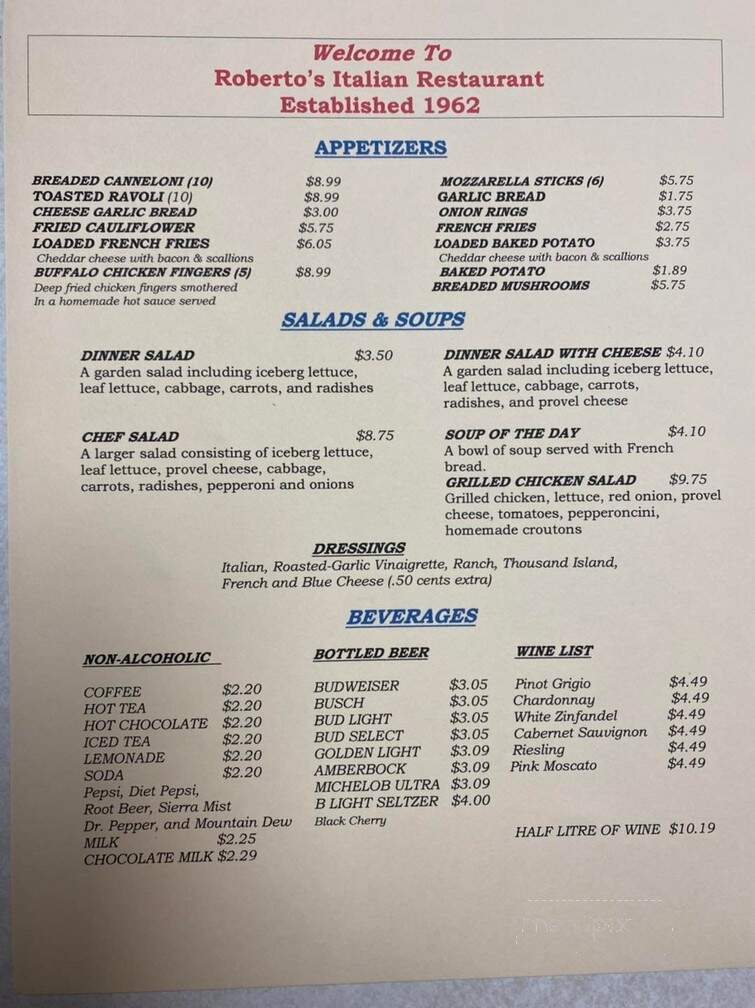 Roberto's Italian Restaurant - Florissant, MO menu_pic