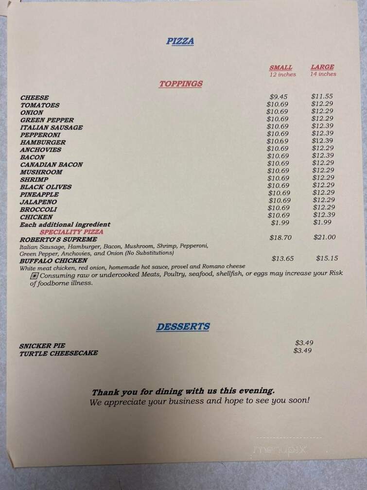 Roberto's Italian Restaurant - Florissant, MO menu_pic