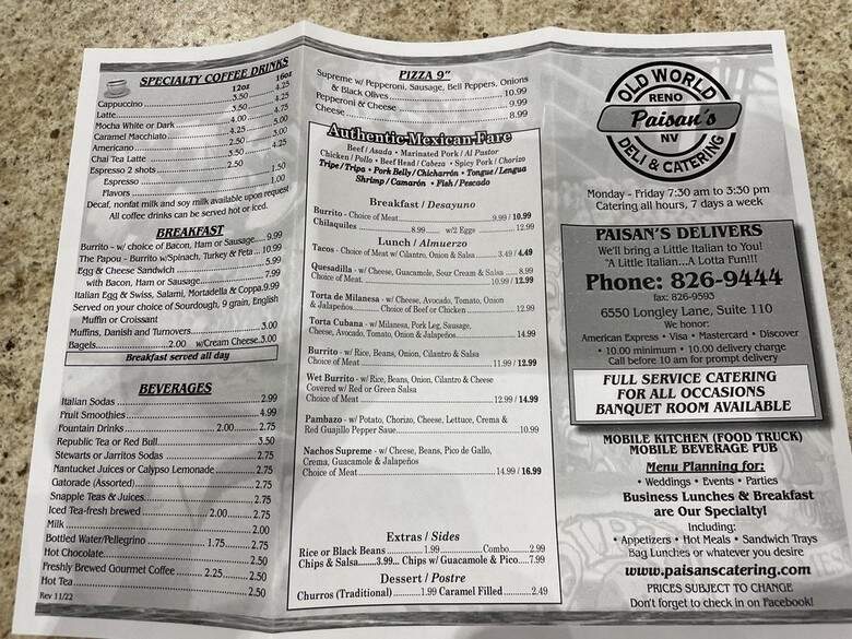Paisan's - Reno, NV menu_pic