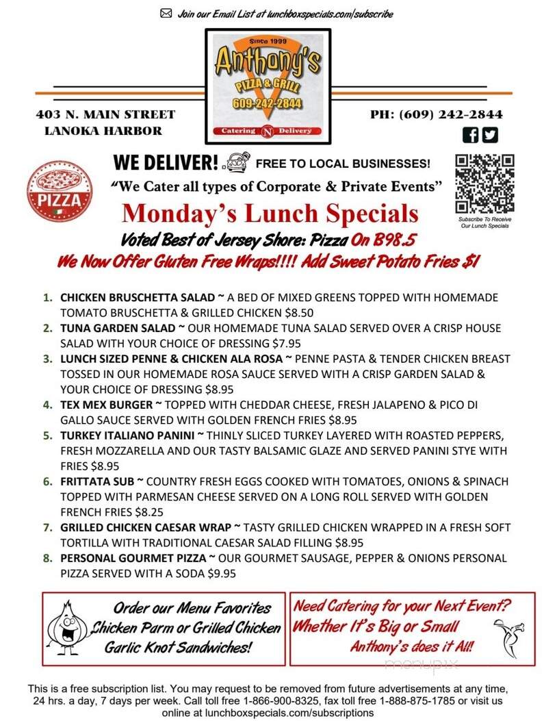 Anthony's Pizzeria - Lanoka Harbor, NJ menu_pic