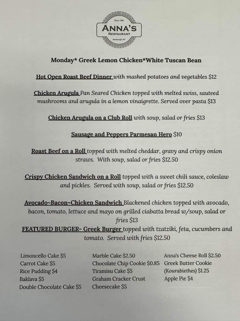 Anna's Restaurant - Newburgh, NY menu_pic