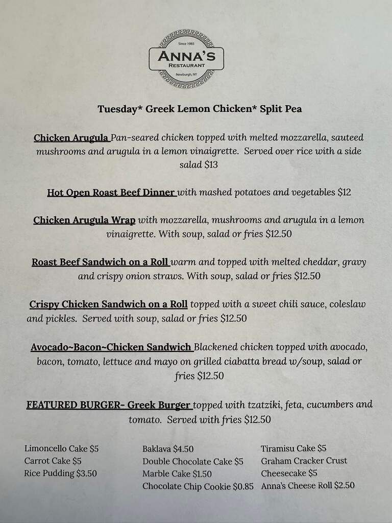 Anna's Restaurant - Newburgh, NY menu_pic