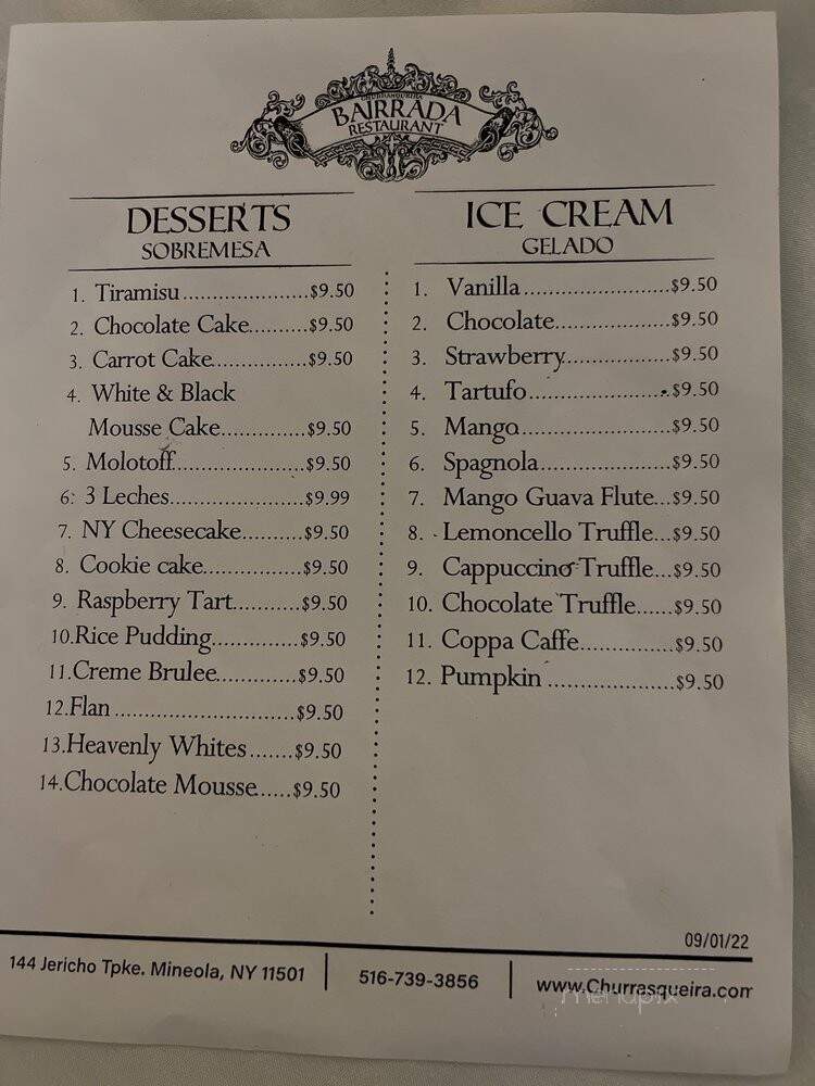 Churrasqueira Bairrada Restaurant - Mineola, NY menu_pic