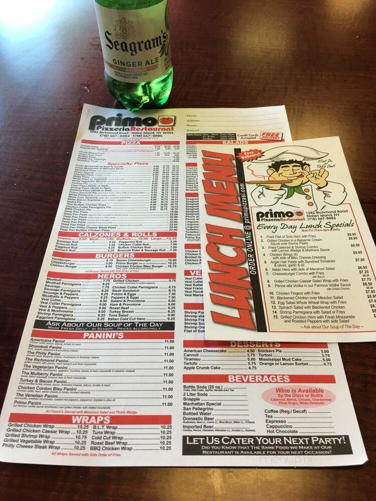 Primo Pizzeria & Cafe - Staten Island, NY menu_pic