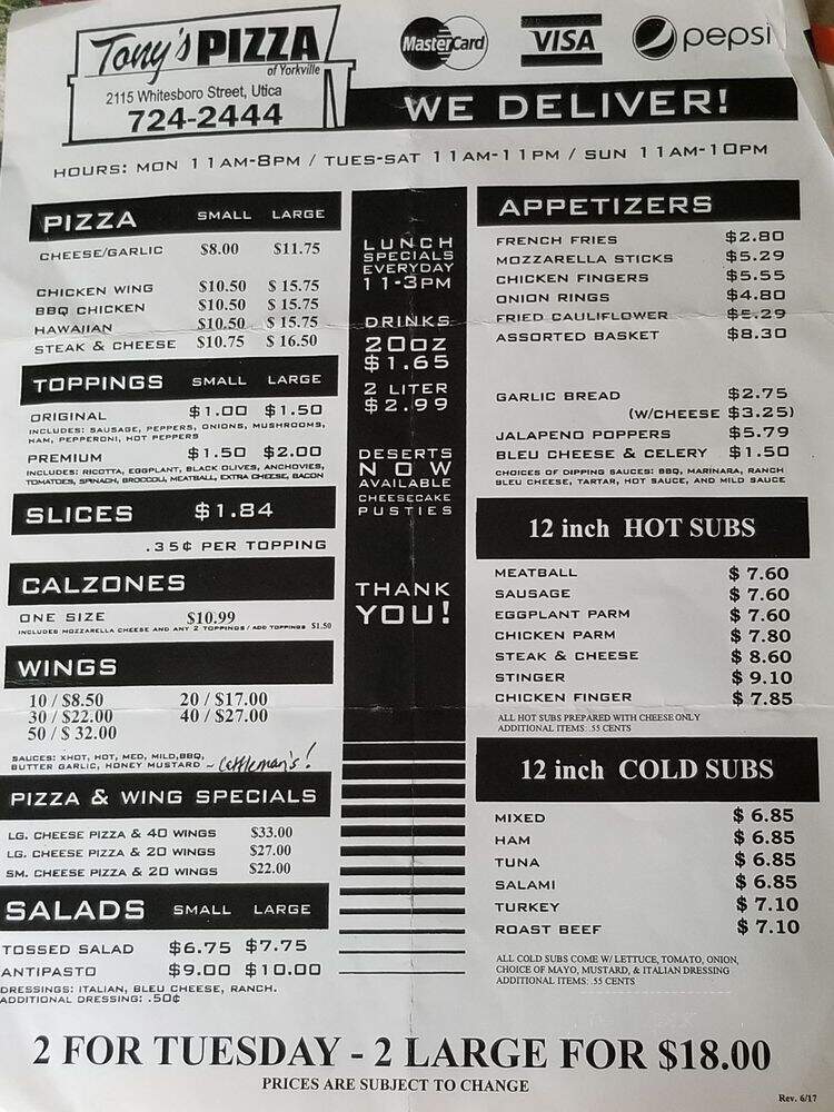Tony's Pizzeria - Utica, NY menu_pic