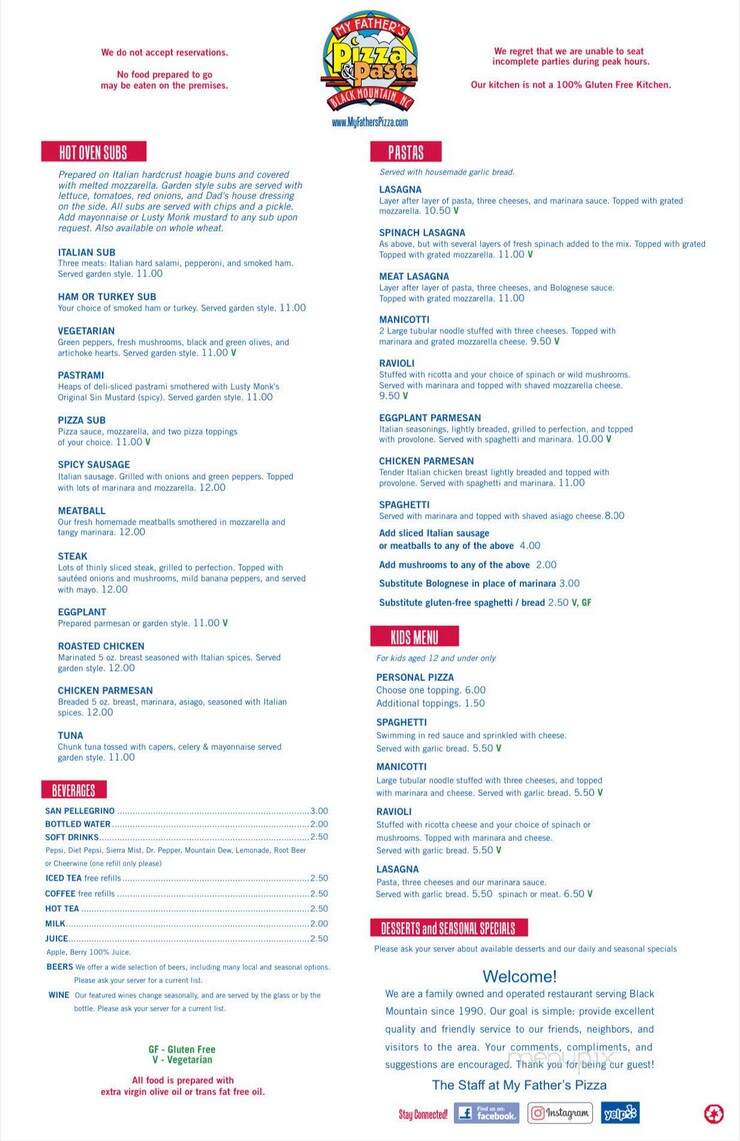 My Father's Pizza & Pasta - Black Mountain, NC menu_pic
