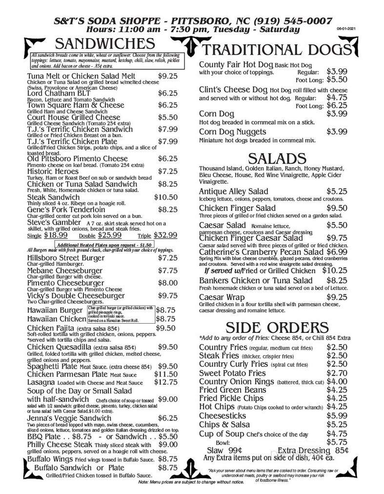 S & T Soda Shoppe - Pittsboro, NC menu_pic