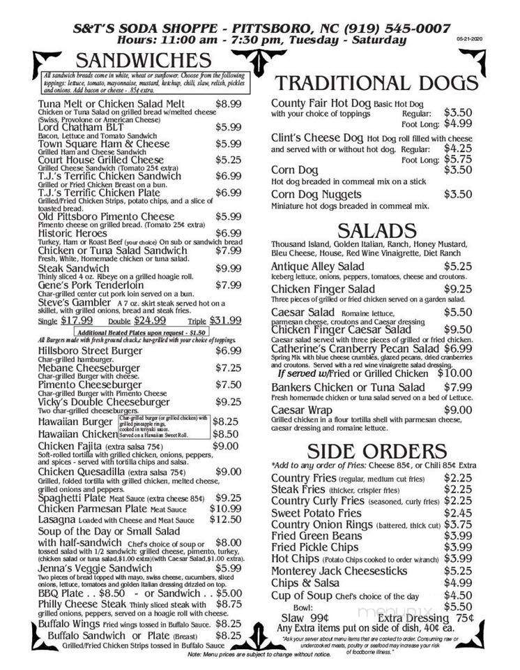 S & T Soda Shoppe - Pittsboro, NC menu_pic
