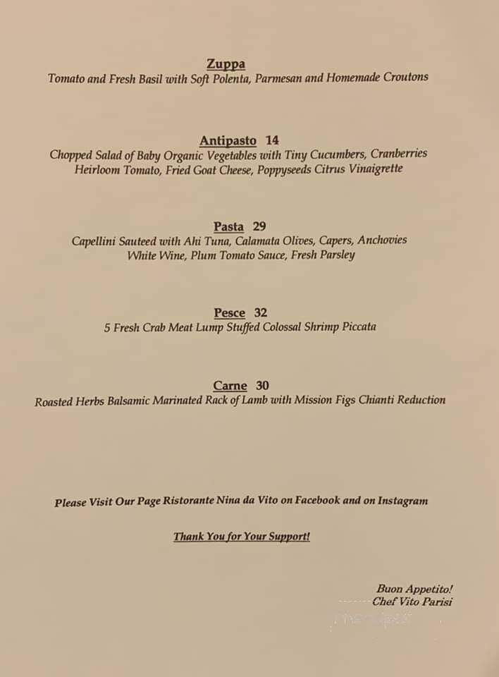 Nina's Ristorante - Raleigh, NC menu_pic
