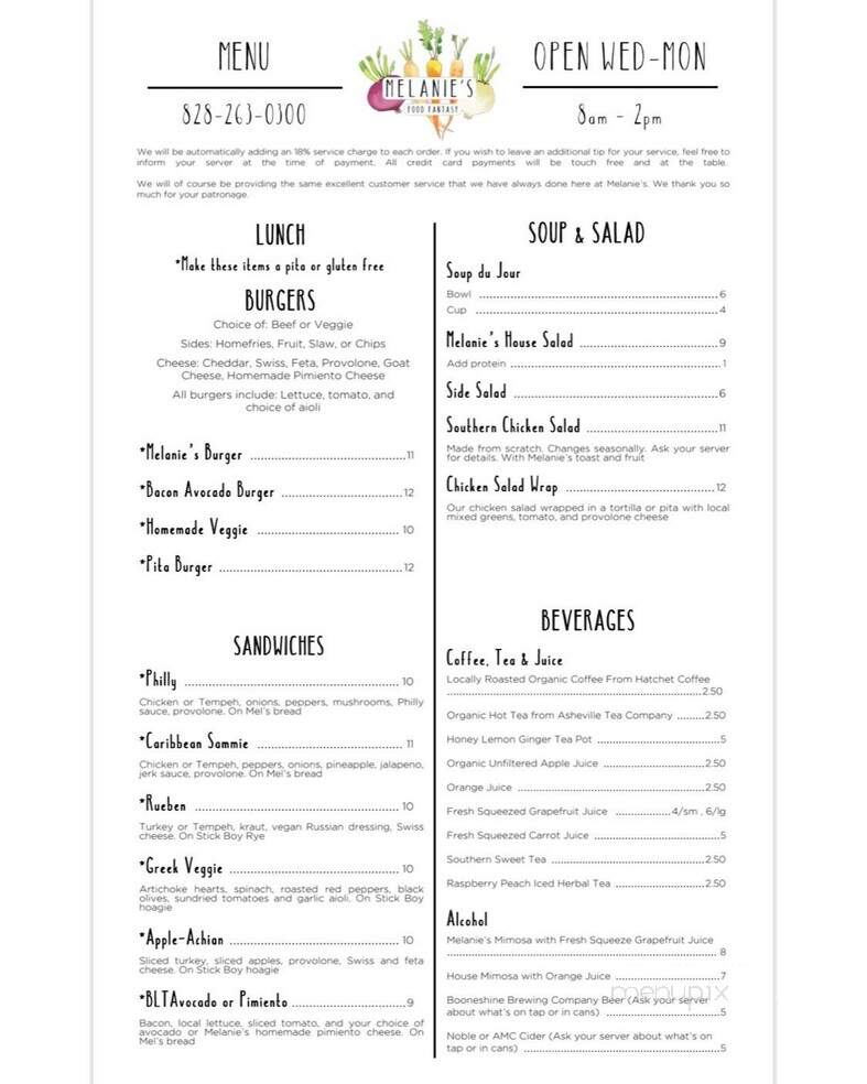 Melanie's Food Fantasy - Boone, NC menu_pic