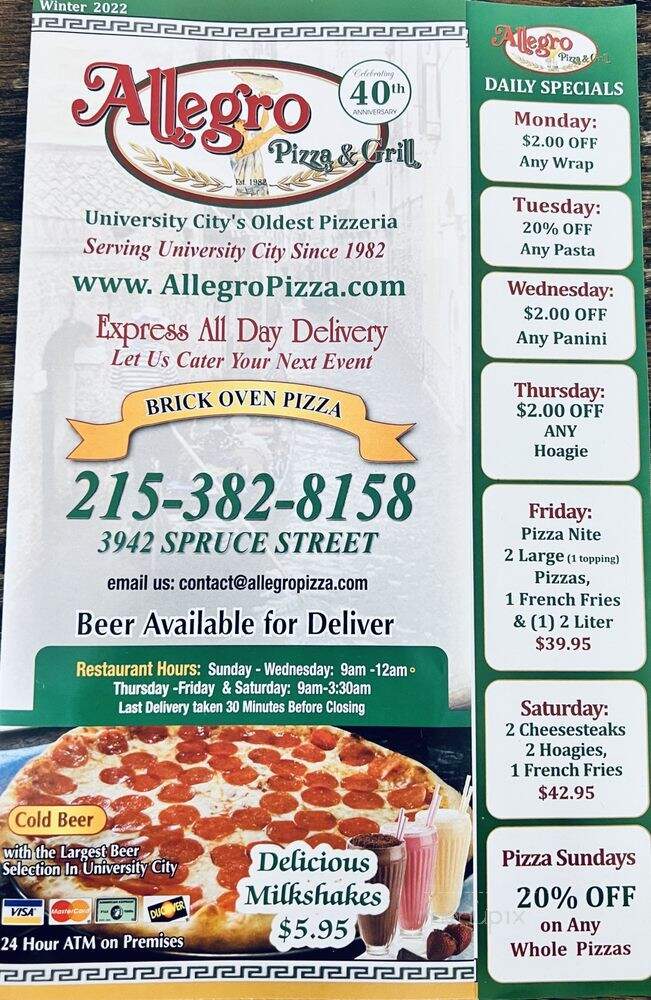 Allegro Pizza Of 40 St - Philadelphia, PA menu_pic