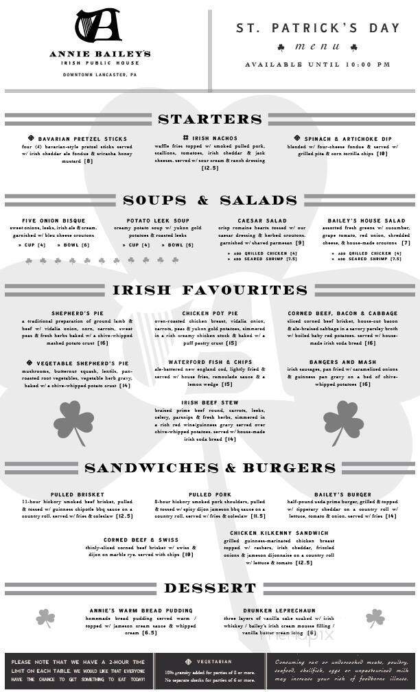 Annie Bailey's Irish Pub - Lancaster, PA menu_pic