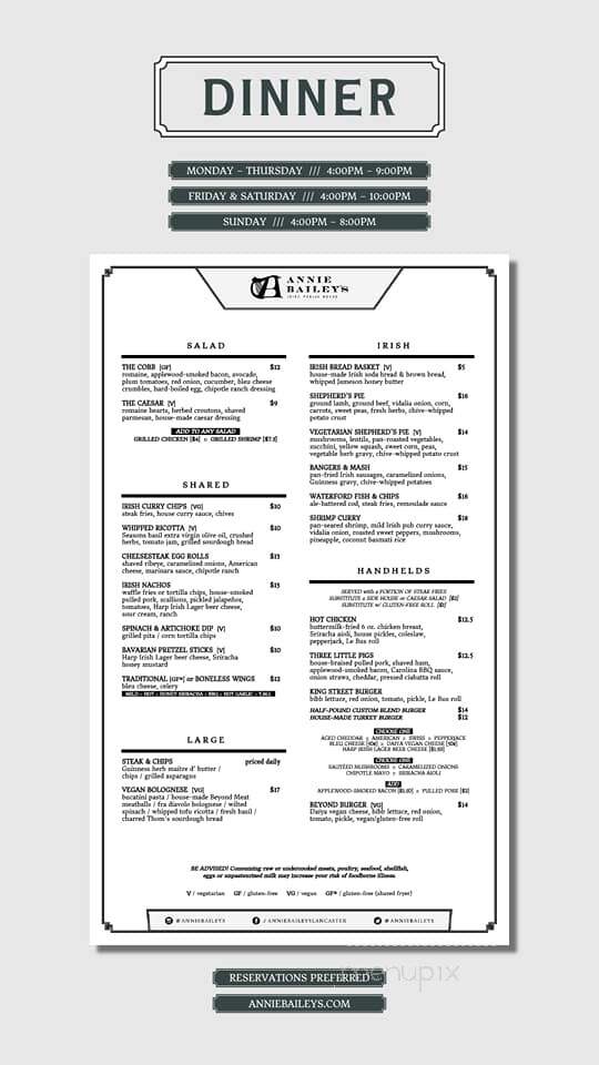 Annie Bailey's Irish Pub - Lancaster, PA menu_pic