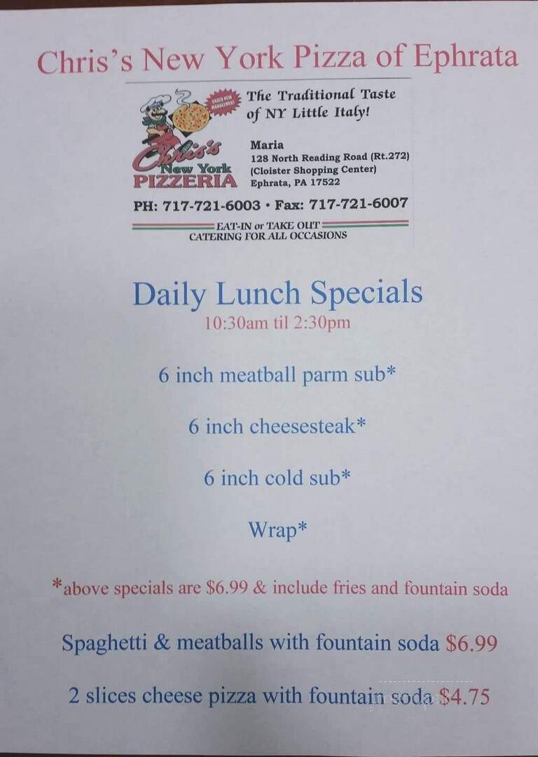 Chris's New York Pizzeria - Ephrata, PA menu_pic