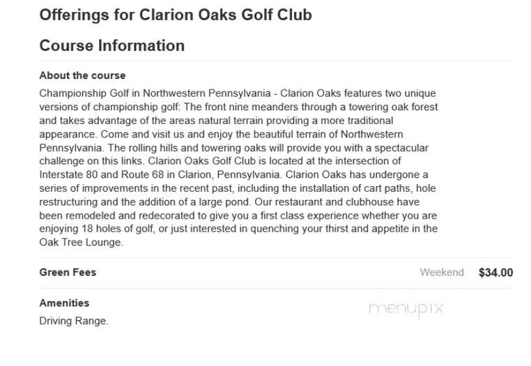 Clarion Oaks Golf Club - Clarion, PA menu_pic
