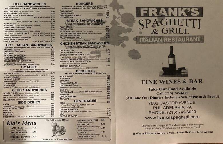 Frank's Spaghetti House - Philadelphia, PA menu_pic