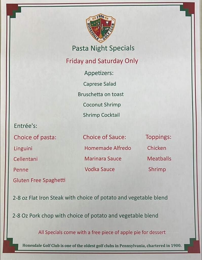 Honesdale Golf Club Restaurant - Honesdale, PA menu_pic
