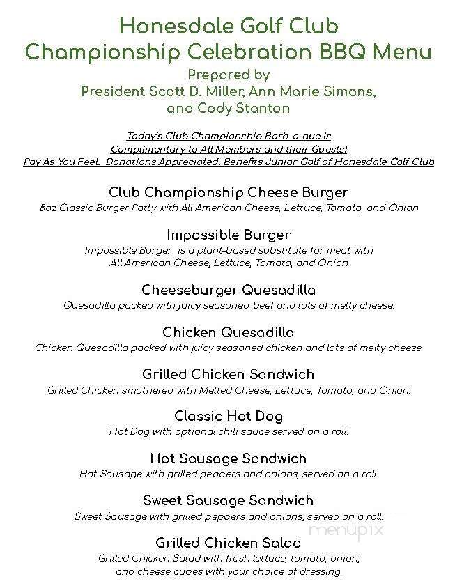 Honesdale Golf Club Restaurant - Honesdale, PA menu_pic