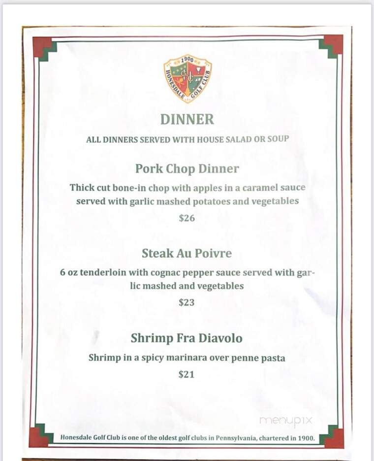 Honesdale Golf Club Restaurant - Honesdale, PA menu_pic