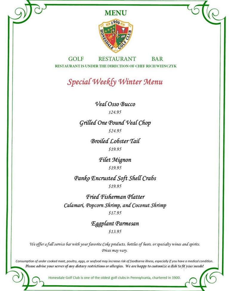 Honesdale Golf Club Restaurant - Honesdale, PA menu_pic