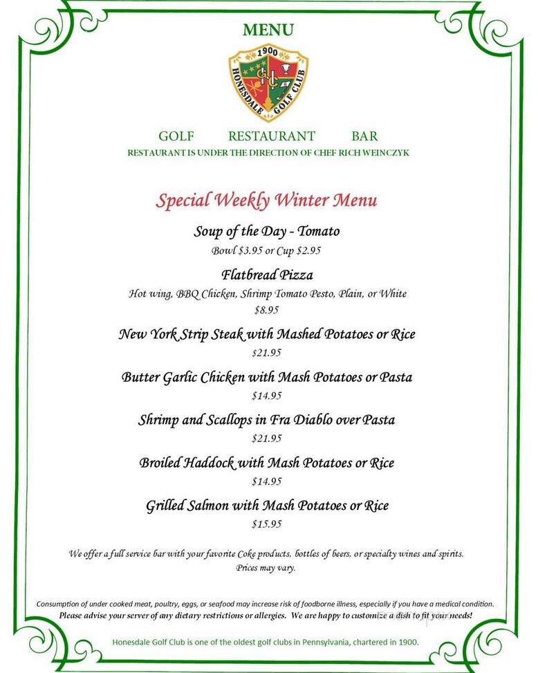 Honesdale Golf Club Restaurant - Honesdale, PA menu_pic