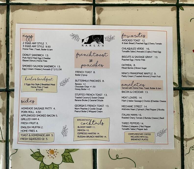 Karla's Restaurant - New Hope, PA menu_pic