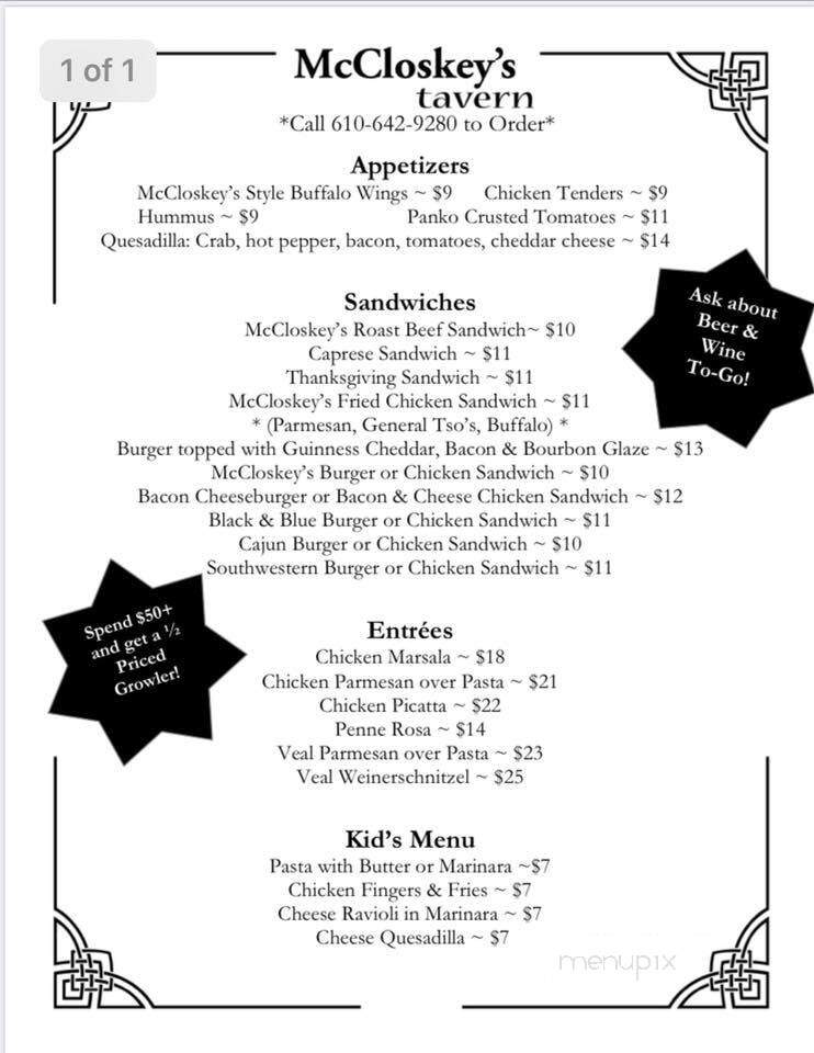 McCloskey's Bar - Ardmore, PA menu_pic