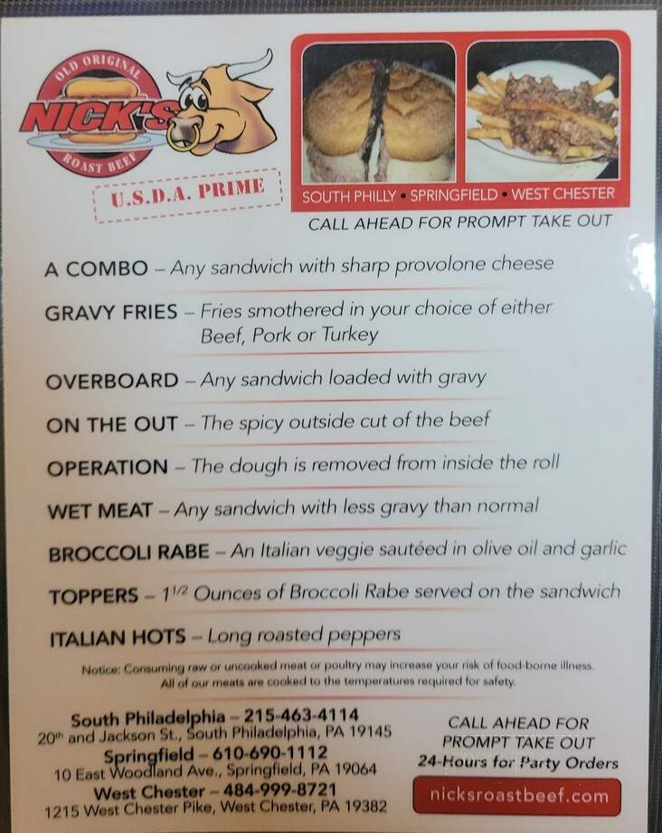 Nick's Old Original Roast Beef - Springfield, PA menu_pic