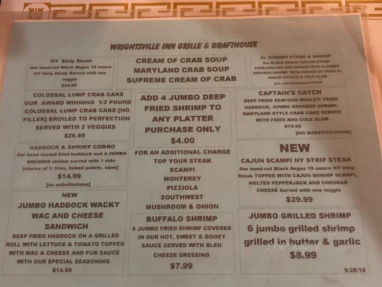 Wrightsville Inn Grille - Wrightsville, PA menu_pic