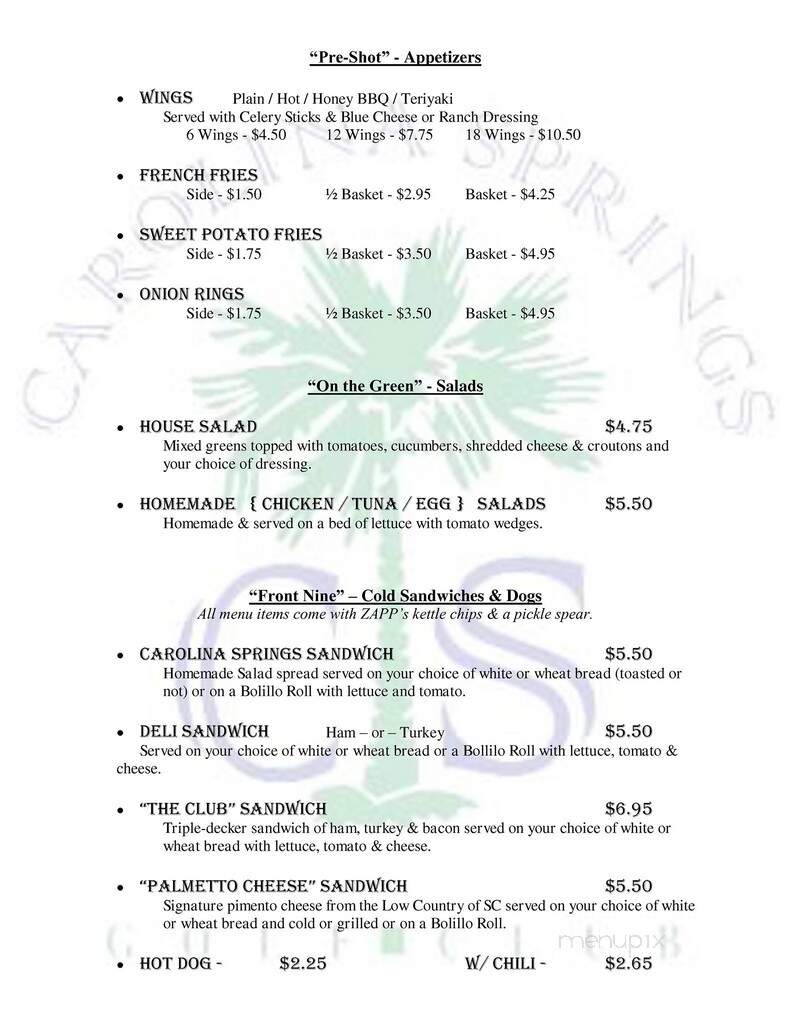 Carolina Springs Golf - Fountain Inn, SC menu_pic