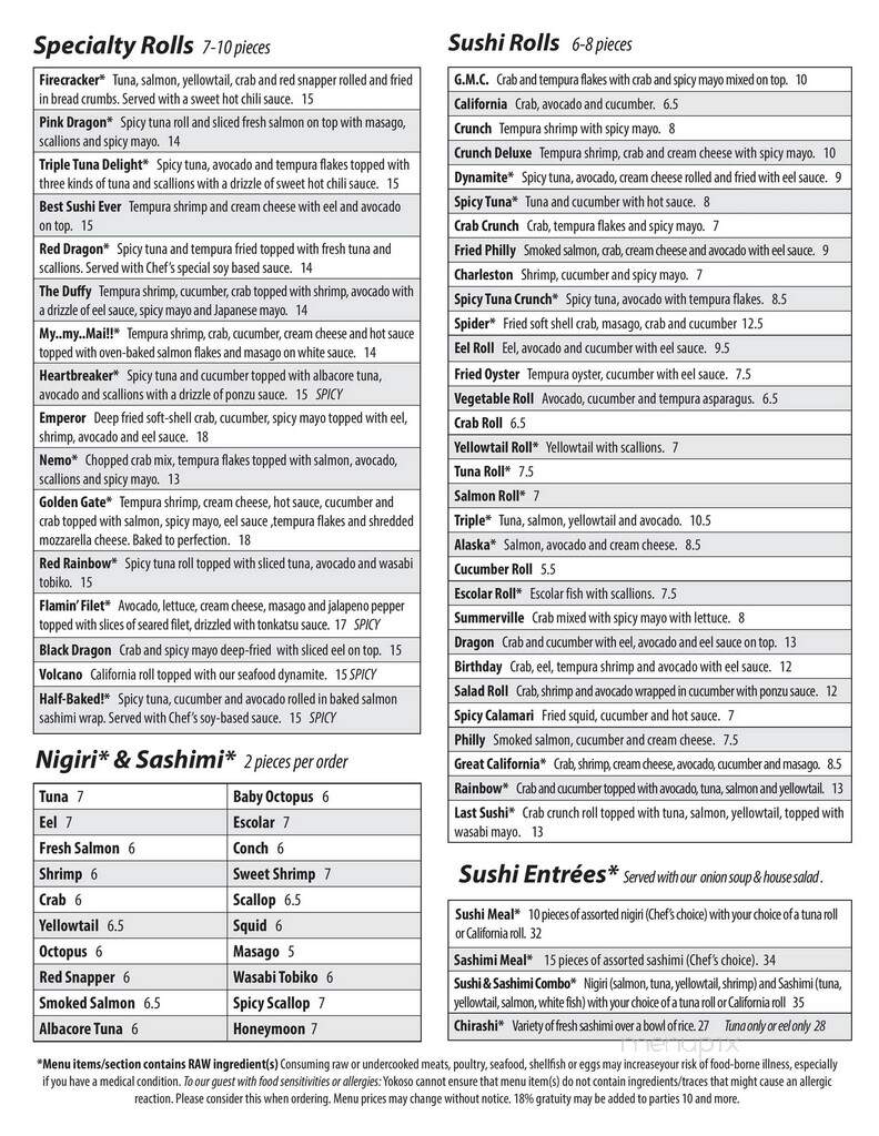 Yamato Japanese Restaurant - Mount Pleasant, SC menu_pic