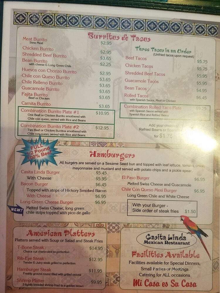 Casita Linda Mexican Restaurant - El Paso, TX menu_pic