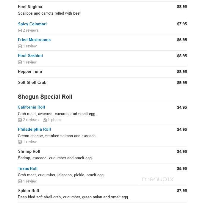 Shogun Japanese Grill & Sushi - Conroe, TX menu_pic