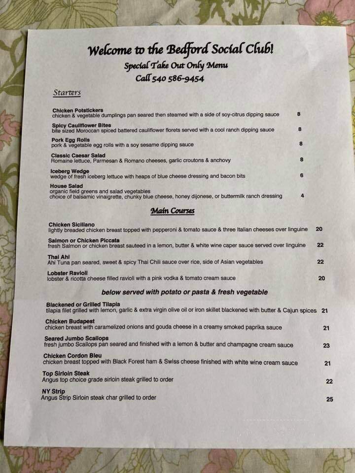 Bedford Social Club - Bedford, VA menu_pic