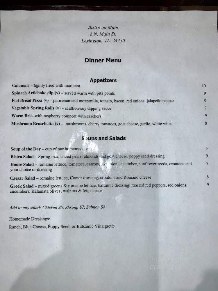 Bistro On Main - Lexington, VA menu_pic