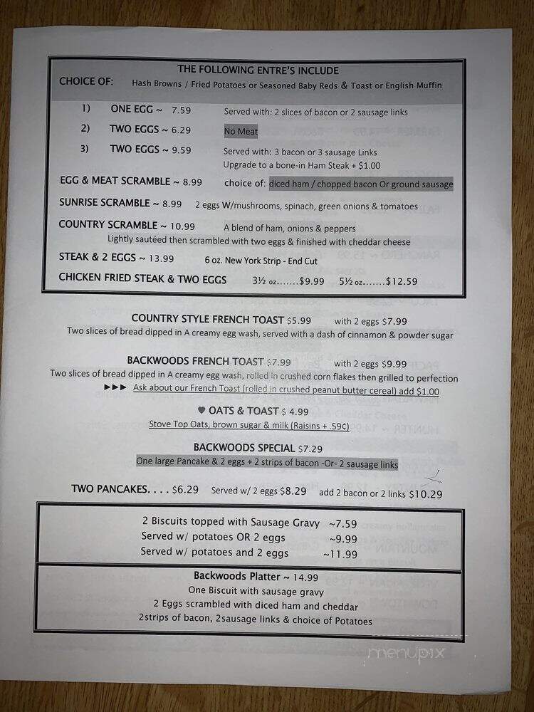 Backwoods Country Fare Cafe - Yakima, WA menu_pic