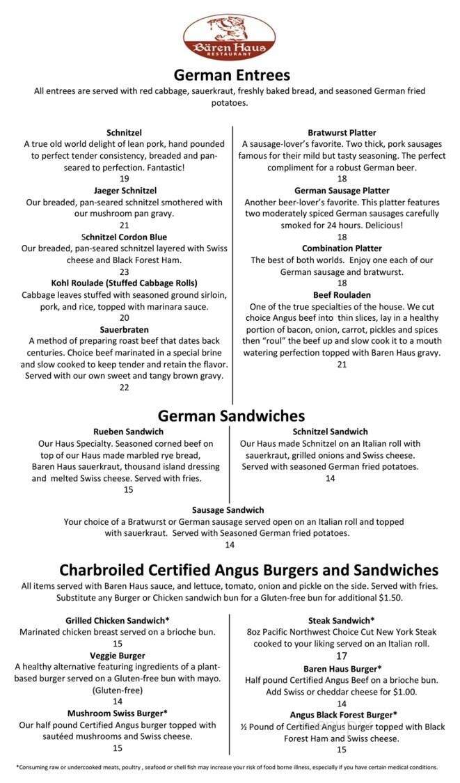 Baren Haus - Leavenworth, WA menu_pic