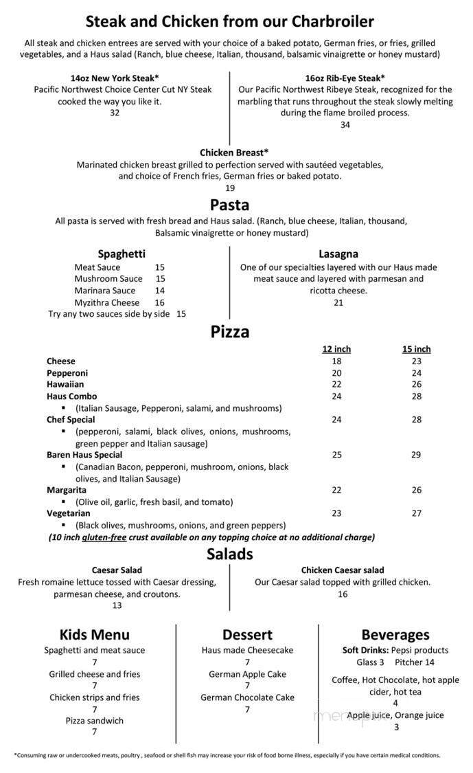 Baren Haus - Leavenworth, WA menu_pic
