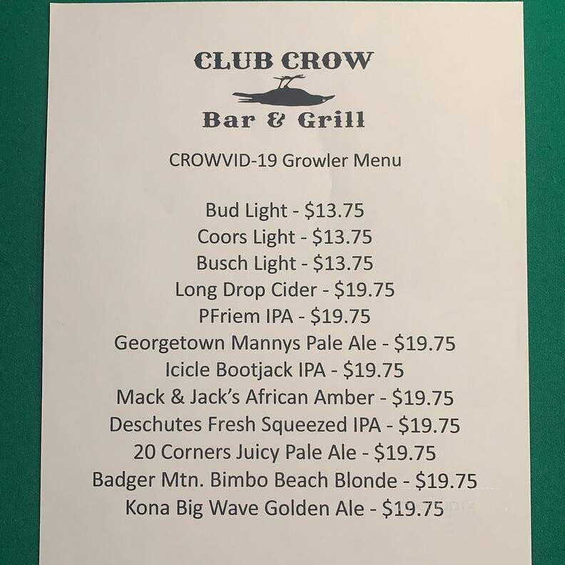 Club Crow - Cashmere, WA menu_pic