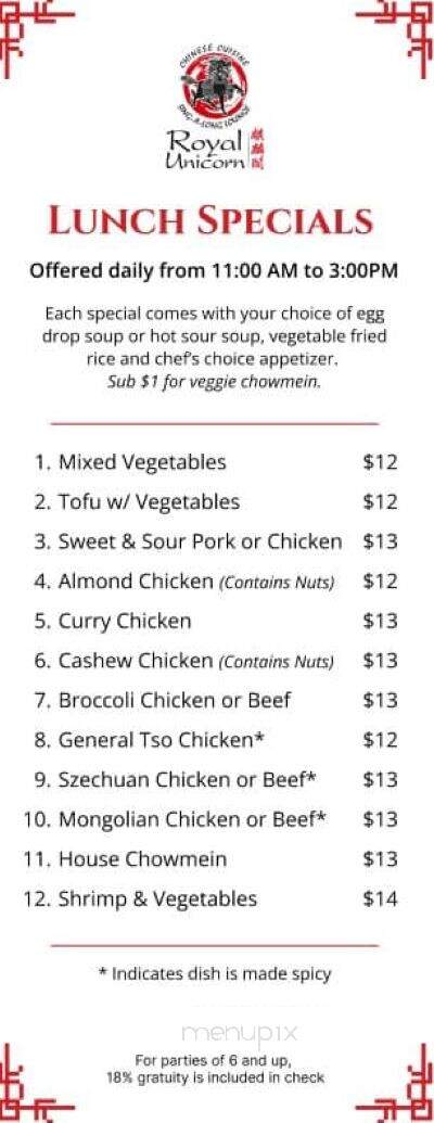 Royal Unicorn Restaurant - Shoreline, WA menu_pic