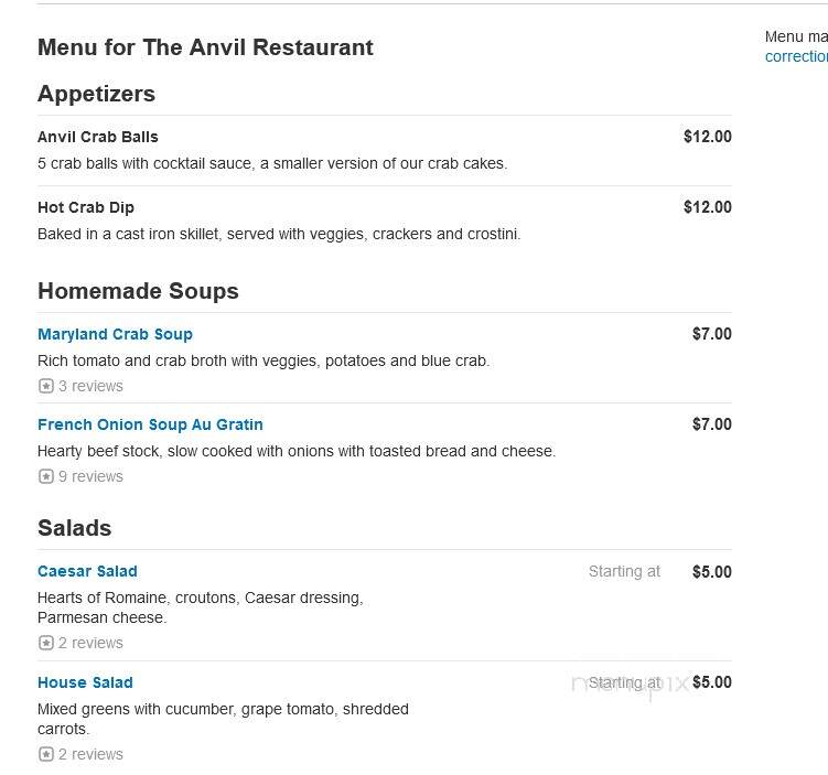 Anvil Restaurant - Harpers Ferry, WV menu_pic