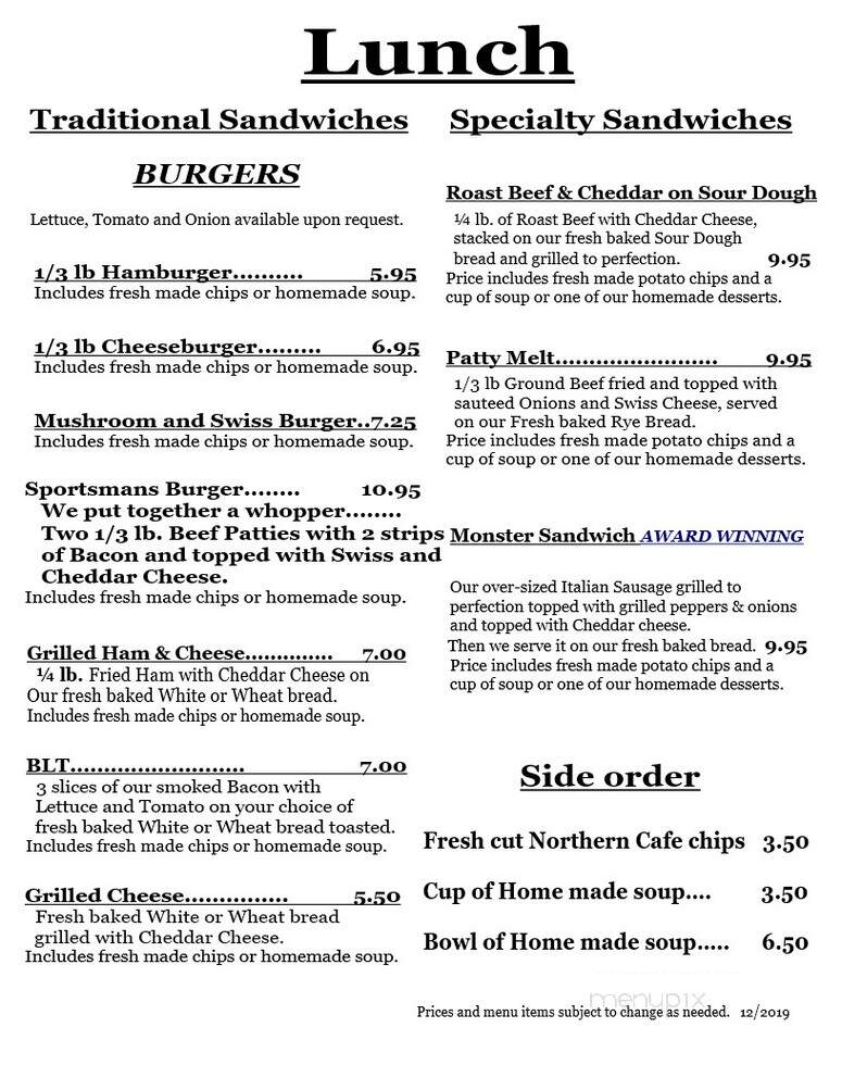 Northern Motel & Cafe - Woodruff, WI menu_pic