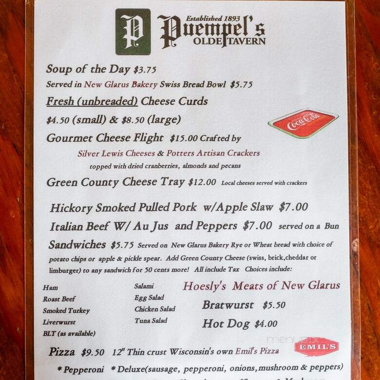 Puempel's Olde Tavern - New Glarus, WI menu_pic