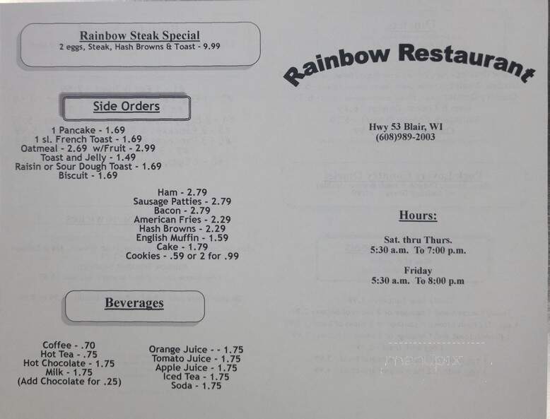 Rainbow Restaurant - Blair, WI menu_pic