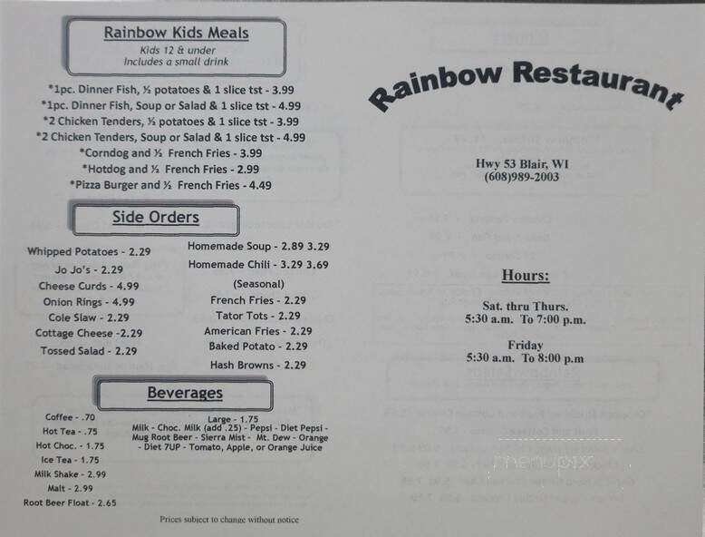 Rainbow Restaurant - Blair, WI menu_pic