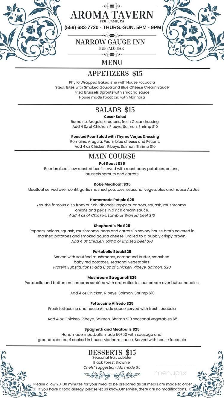 Narrow Gauge Restaurant - Fish Camp, CA menu_pic